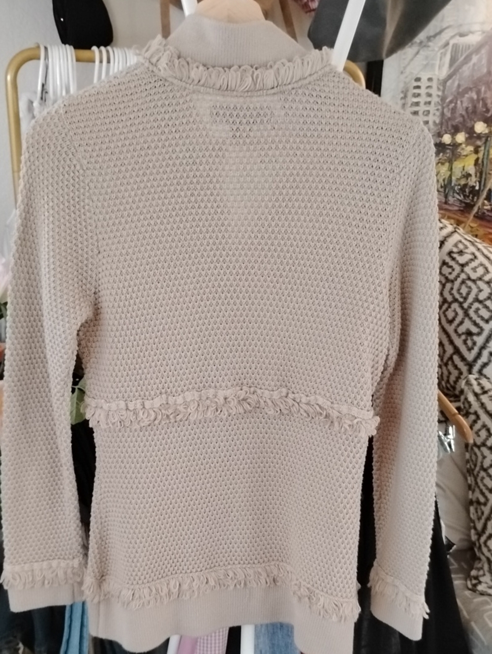 Neutral Beige Fringe-Trim Knit Cardigan Jacket - Picture 7 of 9